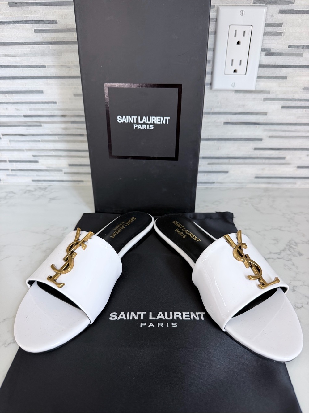 White Patent Slide Sandals with Gold Logo size 7